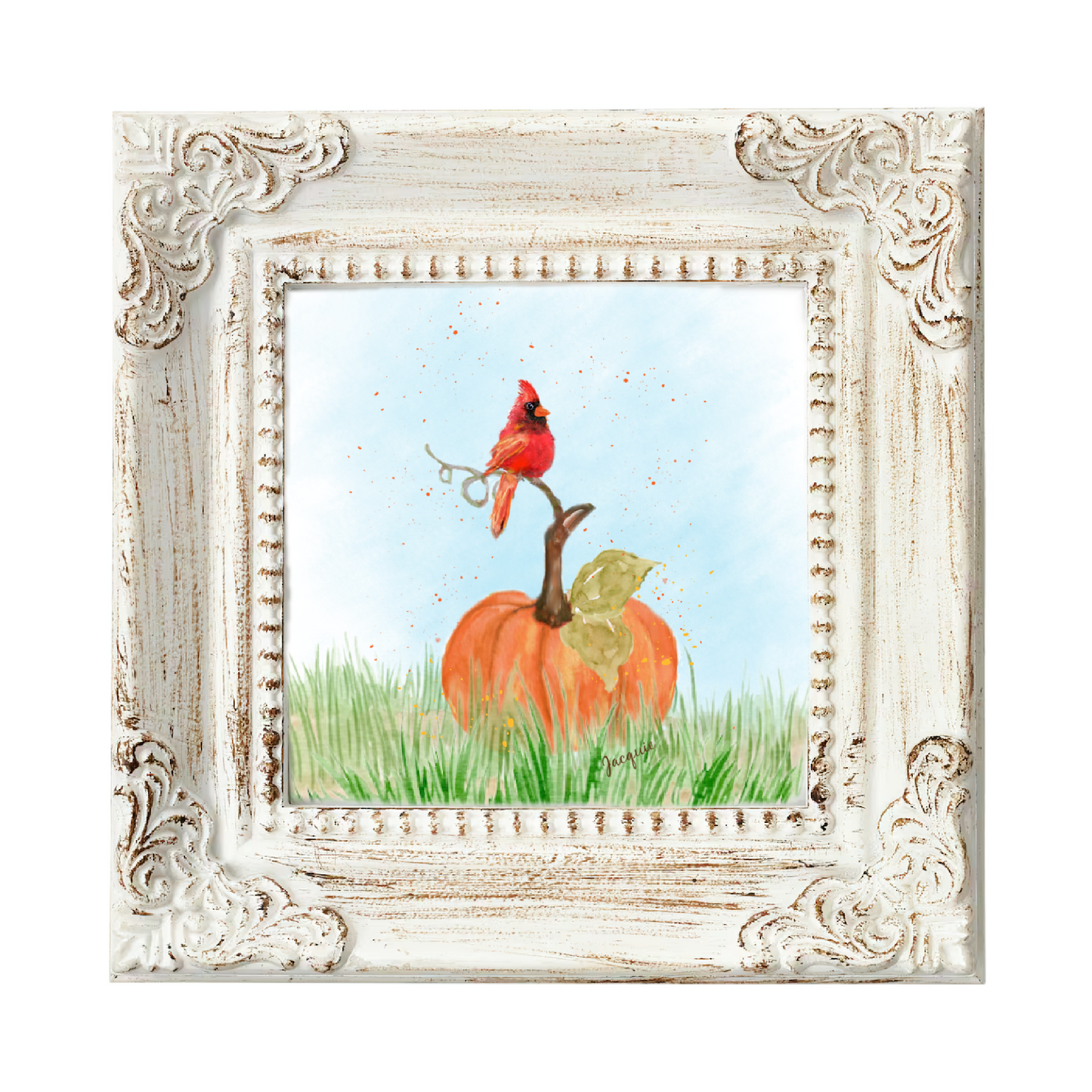 25% Off SALE! Cardinal resting on a Pumpkin
