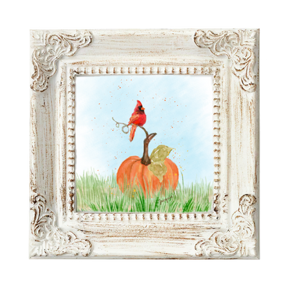 25% Off SALE! Cardinal resting on a Pumpkin