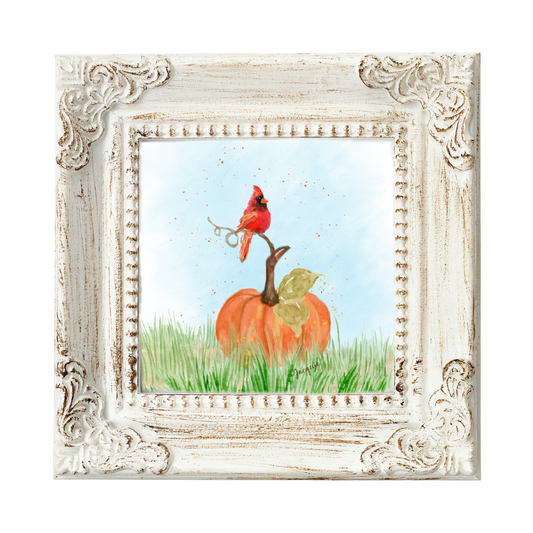 25% Off SALE! Cardinal resting on a Pumpkin