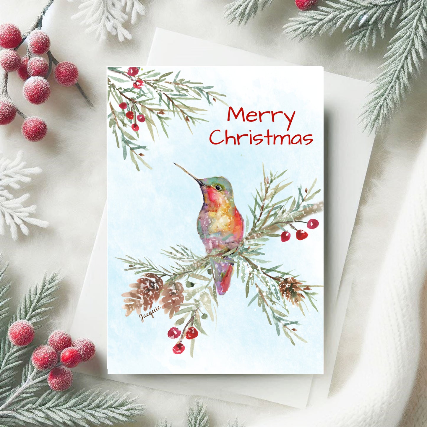 Hummingbird on a Snowy Branch