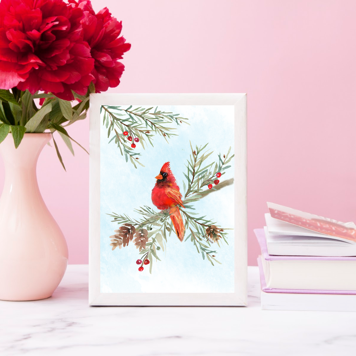 Cardinal in the Pine Boughs